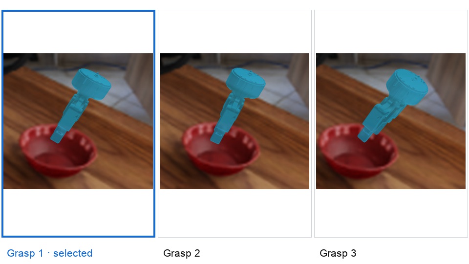 Three actual gripper mesh projections returned by the backend